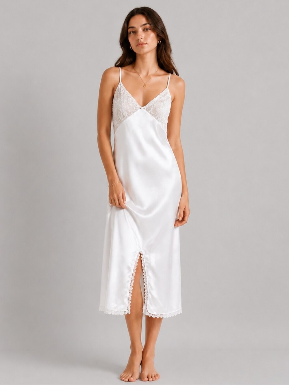 Vintage Y2K Madison Studio White Satin Slip Dress Nightgown Lace Beaded Size L